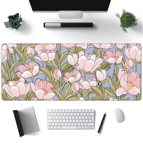 Desk Mat, WatercolorTulip Flowers XXL 35.4"x15.7"Large Gaming Mouse Pad, 3mm Thick Gaming Keyboard Pad,Desk Pad Non-Slip Rubber Base with Stitched Edges for Office Game Home Decor - color: Watercolortulip Floral