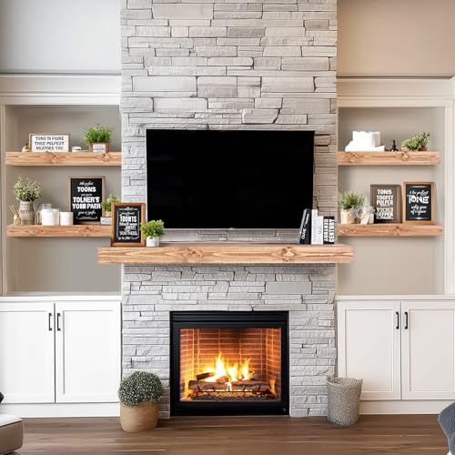 36x3x7 inch Floating Shelves Wall Mounted - Set of 2 Wood Rustic Solid Wood Wall Shelf - Heavy Duty Decorative Fireplace Mantel for Living Room, Bedroom, Bathroom, Kitchen - color: Wood, size: 36x3x7-hollow-2pack