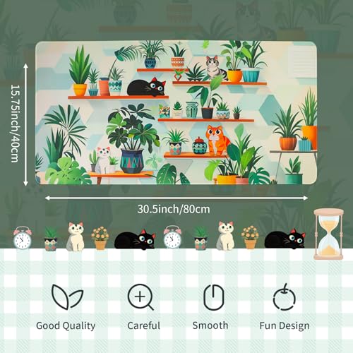 PERFECTSIGHT Cute Cat Desk Pad Kawaii Plant Kitty Desk Mat, Large Gaming Mouse Pad, Funny Deskmat Mousepad, Laptop Keyboard Pad Office Home Decor for Women Girls, Green - color: Green