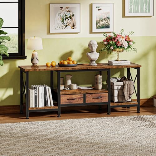 DUMOS 55" TV Stand with Power Outlets, Fabric Drawers & Open Shelves, Brown | Entertainment Center for TVs Up to 65", Media Console TV Table for Living Room & Bedroom - size: 55 Inch