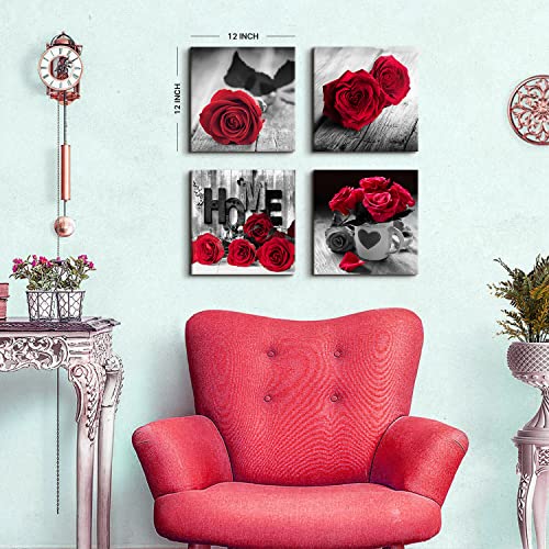 Red Wall Decor for Bedroom Red Bathroom Accessories Black and White Canvas Wall Art Rose Pictures for Living Room Home Decorations Flower Painting Couples Bedroom Kitchen Modern Artwork 12x12"4Pcs/Set - color: Red Rose Flower, size: 12x12in