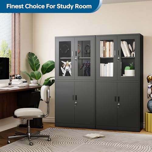 PEUKC Display Storage Cabinet with Glass Door, 71 Inches Metal Curio Cabinet with 2 Adjustable Shelves, Locking Glass Display Case for Home, Office, Clinic, Pantry, Assemble Required (Black) - color: Black, size: 71 Inches - 4 Doors