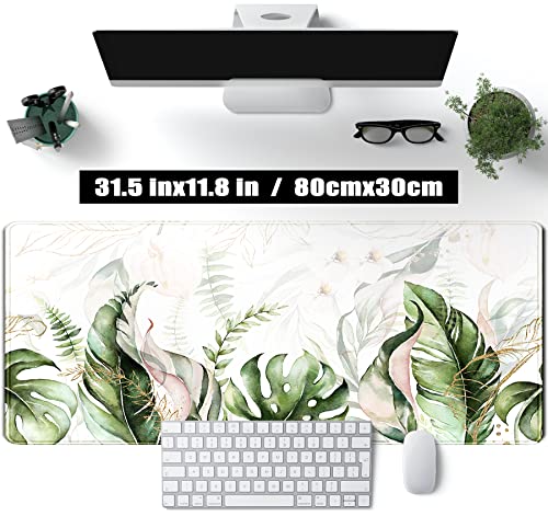 Green Tropical Leaves Desk Mat XL Large Gaming Mouse Pad Green Sage Plant Laptop Keyboard Mouse Mat Office Supplies Desk Decor Accessories for Women, Desk Mats Pads on top of Desks, 31.5x11.8 in - color: Green Tropical Leaves