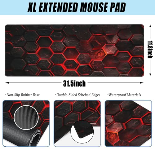 Large Gaming Mouse Pad for Desk,Red Honeycomb Science Technology Desk Mat,Honeycomb Hexagon Desk Pad,Extended Big Computer Keyboard Mouse Pad with Non-Slip Base Stitched Edges 31.5"x11.8" - color: Red Honeycomb Science Technology, size: XL-31.5"x11.8"