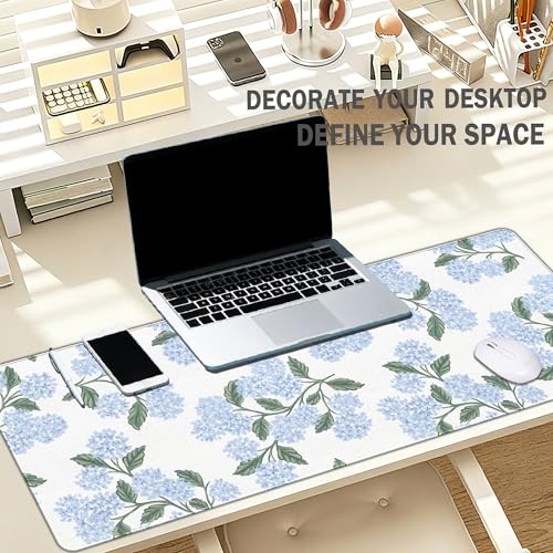 Blue Desk Mat, Hydrangea Mouse Pad Flroal Desk Matt for Desktop, Blue and White Extra Long Desks Mat Aesthetic Hydrangea Gifts Office Accessories for Women 31.5x11.8 - color: Blue Hydrangea Large, size: 31.5L x 11.8W inches