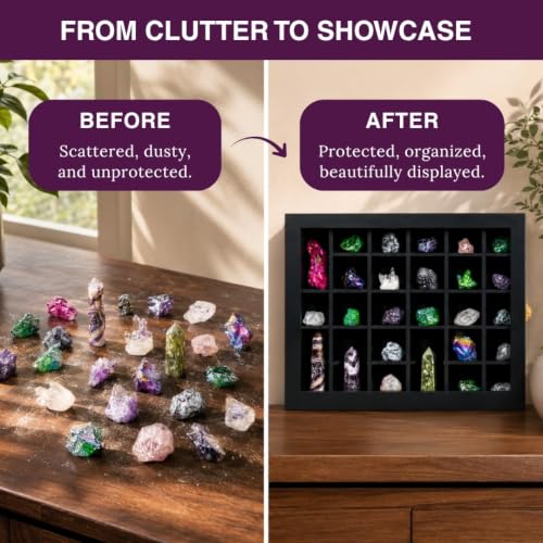 Premium Rock Display Case – Wooden Shadow Box with Shelves for Crystals, Seashell & Figurines – 30 Adjustable Compartments – Real Glass Door – Elegant Storage for Collectibles