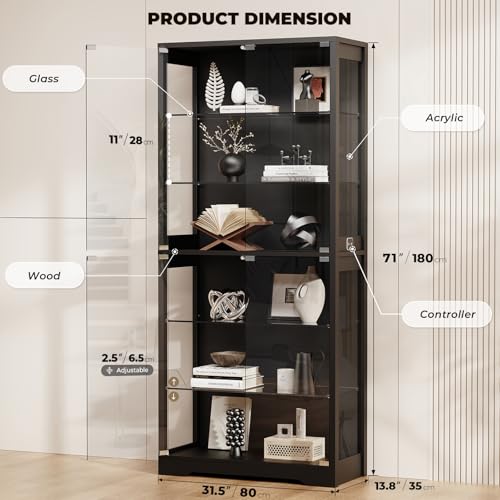 BROTTAR Display Cabinet with Glass Door, 6-Tier 71" Curio Cabinet with 3 Color Lights for Collectibles, Display Case with Adjustable Glass Shelves, Human Body Sensor, Storage Cabinets, Black - color: Black