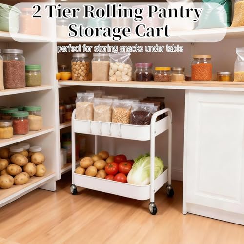2 Tier Short Rolling Cart with Wheels for Under Desk Storage & Pantry Storage, Large Capacity Metal Kitchen Utility Cart for Small Space, Laundry Room Organizer Side Table with 4 Hooks, White - color: White, size: 2-tier