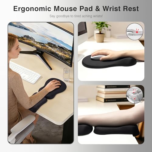 Ospelelf Mouse Pad with Wrist Rest Set Foam L-Shaped Desk Elbow Pad Ergonomic Desk Edge Cushion Anti-Slip Rubber Bottom Office Women Desk Accessories for Computer, Laptop and Gaming, Black - color: Black