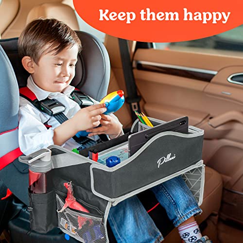 PILLANI Kids Travel Tray for Car - Car Seat Tray for Toddler - Road Trip Essentials Kids w/ iPad Holder Stand, Carseat Table Tray for Kids Road Trip Activities, Toddler Lap Desk Organizer for Airplane - color: Gray