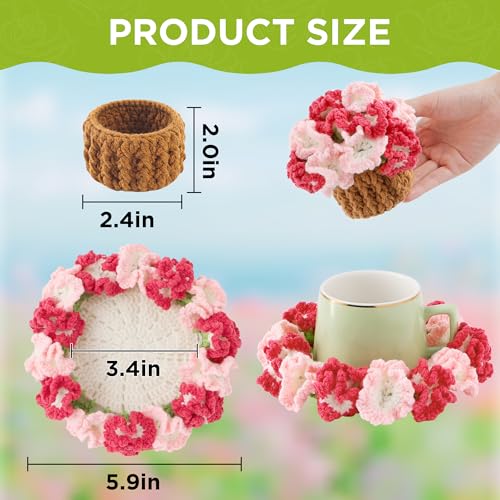 Flower Crochet Coasters, Handmade Bouquet Blanket Coaster with Crochet Plant Pot Fun Soft Decorative Drink Coasters for Coffee Tabletop Protection and Home Decor (Light Pink, 1Pc) - color: Light Pink, size: 1Pc