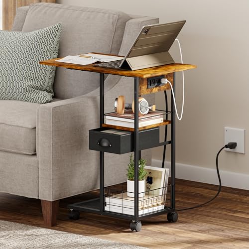 Rolling C-Shaped Side Table with Charging Station, Night Stand with Type-C & USB Port and Outlet for Bedroom, Spacious Coffee Table with Wheels for Living Room, Home Office, Small Space(Large Desktop) - color: Black, size: X-Large (With Charging)