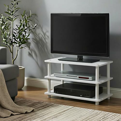 Furinno Turn-N-Tube TV Stand, 3-Tier Corner Entertainment Center with Open Shelves, Toolless TV Console for TV up to 32 Inch, Open Back, Easy Assembly, for Living Room, Bedroom, White - color: White/White, size: 3-Tier