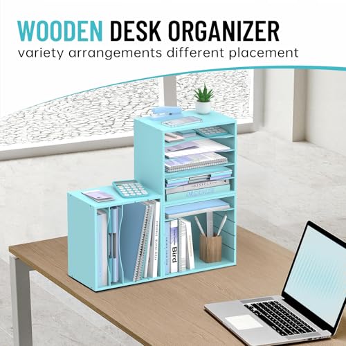 5-Tier Wood Desk Organizer, Paper Tray Organizer for Desk with Adjustable Storage Shelves, Desktop File Organization Paper Sorter Mail Holder for Office Home Classroom, Blue - color: Blue, size: 5 Tier