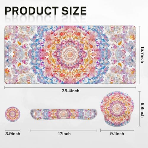 Arttown Boho Flower Floral Desk Mat Ornate Colorful Mouse Pad Set 4 in 1 Vintage Ergonomic Design Large Desk Pad + Keyboard Wrist Rest + Mouse Wrist Rest + Coaster Suitable for Home Office Study Game - color: Colorful Boho Floral
