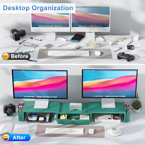 gianotter Dual Monitor Stand Riser, Desk Organizer With Drawer and 2 Pen Holders, Monitor Stand for Desk, Office Decor Essentials (Green) - color: Green