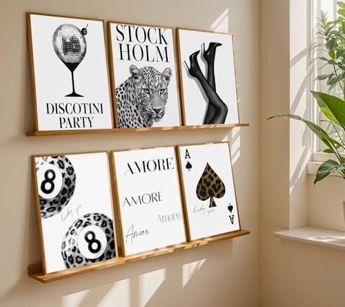 6pcs Stylish Black White Leopard Print Poster Wall Art Fashionable Lucky 8 Ball Painting Picture Wall Decor Cheetah Disco Ball Poster Print Artwork for Girls' Bedroom Apartment Dorm Home Decoration