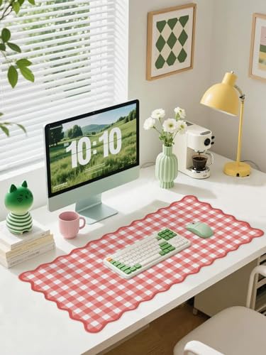 Scalloped Checkered Gingham Desk Mat Cute Red XXL Large Mouse Pad Kawaii Cottagecore Vintage Rustic Girly Keyboard Computer Mat Pad Aesthetic Cozy Office Desk Decor for Women - color: A8-red