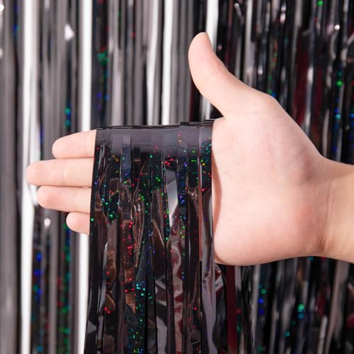 Voircoloria 3 Pack 3.3 x 8.2 ft Laser Black Foil Fringe Backdrop Curtains, Tinsel Streamers Birthday Party Decorations, Fringe Backdrop for Graduation, Baby Shower, Gender Reveal, Disco Party - color: 10 Laser Black