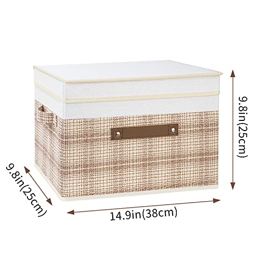 TYEERS Collapsible Storage Bins with Lids, Patchwork Design, Washable, Fabric Storage Boxes, 14.9x9.8x9.8 inches, 3 Pack, Camel Tan - color: Camel Tan & White, size: set of 3