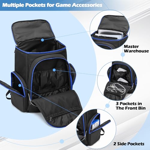 Trunab Gaming Console Backpack Compatible with Playstation 5 / PS5 Slim / PS4 / Xbox One, Travel Carrying Bag with Multiple Pockets for 15.6” Laptop and Gaming Accessories - color: Blue Zip