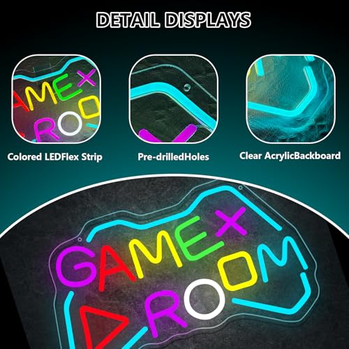 Game Room Neon Sign, 16.14 x 9.84 in Large Colorful LED USB Powered Neon Signs for Wall Decor, Game Room Decor, Teen Gamer Bedroom, Party, Man Cave, Home, Boys & Girls Gift - color: Game Room Neon Sign