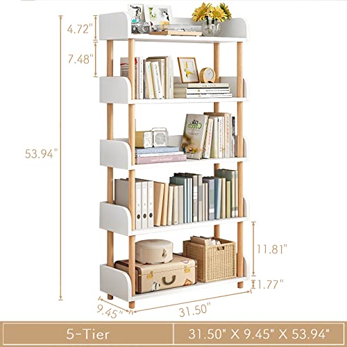 OSCHF 5-Tier Wooden Open Bookcase - Modern Display Bookshelf with Top Edge and Solid Wood Frame for Home and Office, Storage Cabinet, Warm White - color: Warm White, size: 5-tier