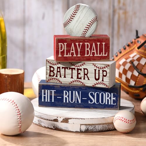 Yuntau 4 Pcs Baseball Decorations Sport Stacked Wooden Sign Baseball Centerpieces for Tables Tiered Tray Decor Decorative Block Sign for Summer Nights Boys Room Shelf Fans Coffee Gifts - style: Baseball