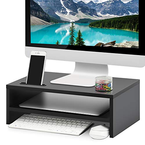 Marbrasse Monitor Stand Riser, 2 Pack 16.5 Inch 2 Tier Computer Monitor Stand, Printer Shelf Stand for Laptop Computer Screen Storagek,Desktop Stand with Phone Holder and Cable Management - color: 2PCS Wood Monitor Stand-Black
