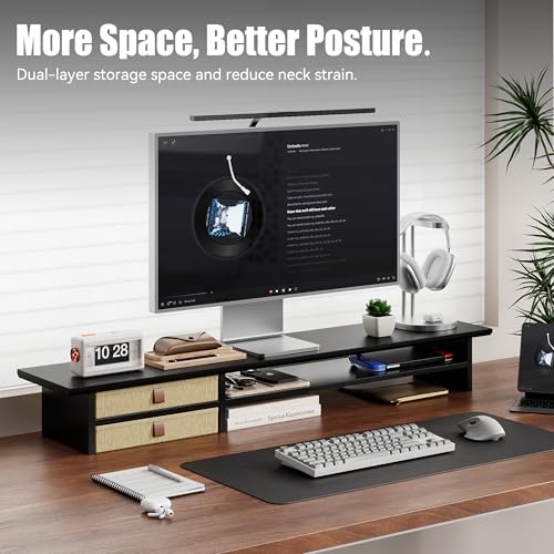 FENSULN Dual‑Tier Monitor Stand Riser with Drawers, Desktop Organizer Shelf Storage for Computer Screen 2 Monitors, Supports for PC Computer Monitor, Printer, Heavy TV Riser Black