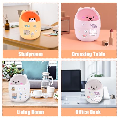 Cute Desktop Tiny Trash Can with Flip Lid, Creative Kawaii Bear Mini Wastebasket, Portable Countertop Dustbin for Office Kitchen Vanity Tabletop Bedroom (Pink) - color: Pink