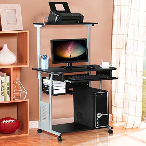 Yaheetech 2 Tier Mobile Computer Desk with Printer Shelf & Keyboard Tray Rolling Computer Table for Small Spaces, Compact Study Workstation with Wheels, Space Saving, Black - color: Black