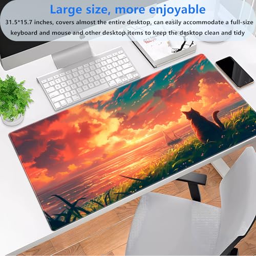 Large Gaming Mousepad, Anime Sunset Ocean Cat Desk Pad XL, Stitched Edges | Beautiful large mousepad featuring a healing anime sunset ocean and cute cat print. Perfect for cozy desk decor. - color: Sunset Ocean and Cat
