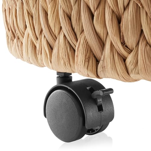 Casafield Round Rolling Storage Basket with Lid - Natural, Handwoven Water Hyacinth Rolling Hamper Storage Bin on Wheels for Living Room, Bedroom, Bathroom, Laundry