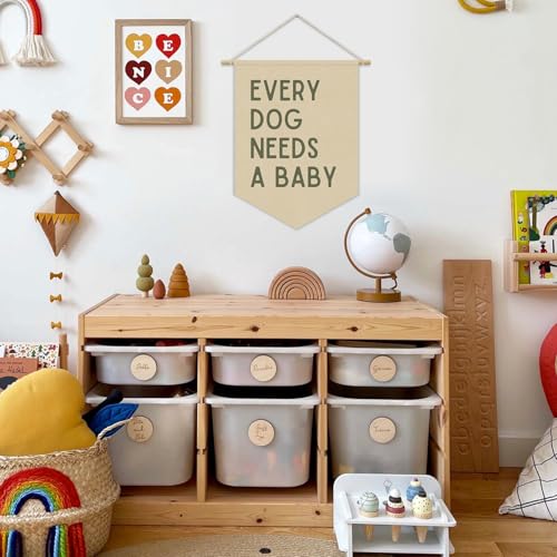 Every Dog Needs a Baby Linen Canvas Banner, Baby Shower Decor, Pregnancy Announcement Babe Gender Reveal Shower Wall Hanging Pennant Flag Banner for Newborn Room Bedroom Playroom, 15x11in - color: every dog needs a baby