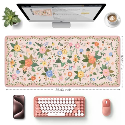 HAOCOO Large Pink Mouse Pad, Waterproof Cute Keyboard Mat, Non-Slip Desk Mat for Cubicle, 35.4" x 15.7" Desktop Mat with Stitched Edges, Girly Desk Organizers & Accessories for Women - color: D-pink, size: 35.4" x 15.7"
