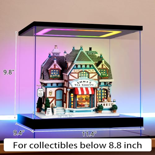 Clear Acrylic Display Case with Light for Miniature House Building Sets, Multiple Color Lights Dustproof Protection Display Box for Collectibles Action Figures(11.4×9.4×9.8inch) - size: 11.4*9.4*9.8 in