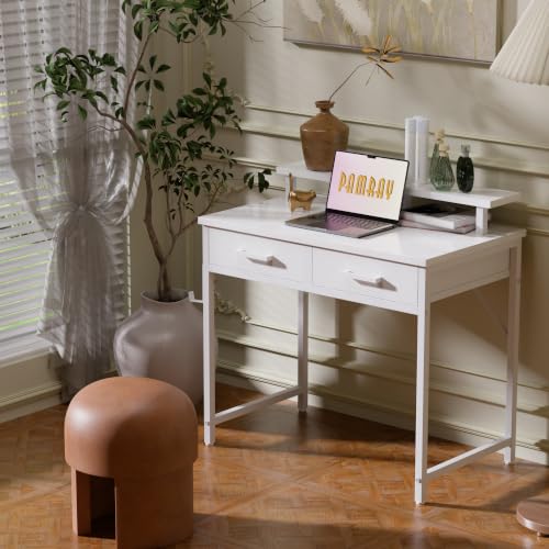 Pamray 32 Inch Small Computer Desk with Monitor Stand Home Office Desks with 2 Drawers for Bedroom Study Writing and Work Table for Small Spaces White - color: White
