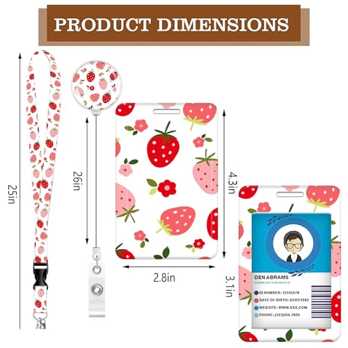 ID Badge Holder with Lanyard Fashionable ID Card Holders with Retractable Lanyards Soft Fiber Metal Clip Sturdy Buckle for Key Wallet Work Nurse Teacher (Cute Strawberry) - color: Cute Strawberry
