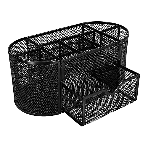 Amazon Basics Mesh Desk Organizer with Pen Holder, Pullout Drawer and Office Caddy Storage, 9.25" x 4.53" x 3.94", Black - style: Desk Organizer