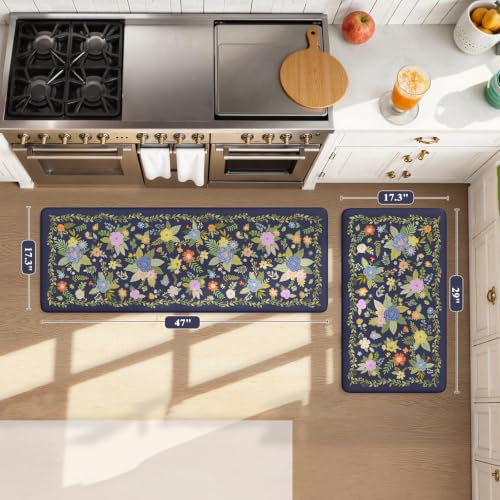 KIMODE Anti Fatigue Kitchen Mats, 2 Pack Rectangular Floral Dark Blue Kitchen Floor Mats, 17"x47" + 17"x29", Non-Slip, Waterproof, Stain Resistant - color: Flower/Blue, size: 17.3" x 47"+17.3" x 29"--0.47 inches
