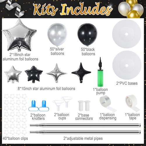 Gejoy 110 Pcs Black Silver Balloons Column Stand Kit Adjustable Tower Stand from 1.4 to 6.6 ft with Bases for Back to School Wedding Birthday Baby Shower Party - color: Black Silver
