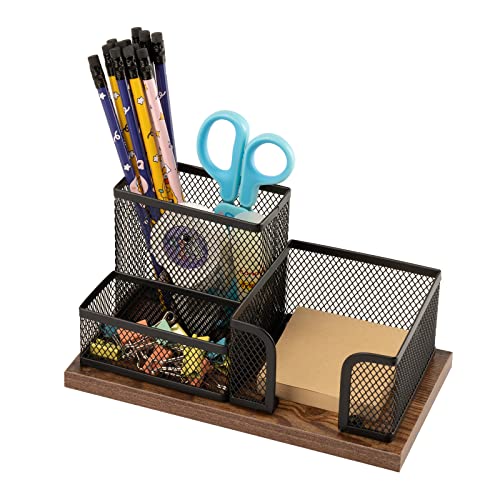 Antique Wood & Mesh Pen Holder Office Supplies Caddy, Storage Baskets for Desktop Accessorieswith Sticky Notes Holder,3 Compartments(2 Pack Black)
