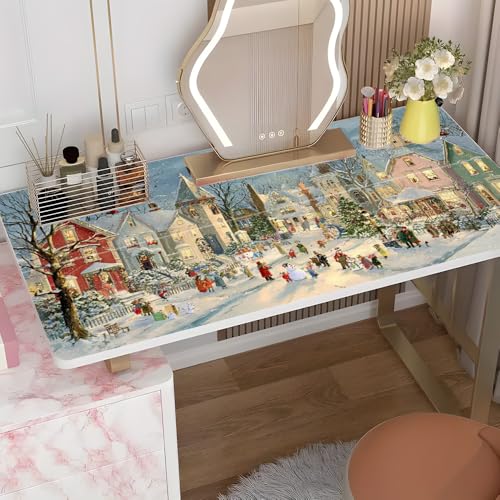 Vintage Christmas Village Desktop Sticker 39.37x23.62In, Snowy Town Scene Desk Decal, Easy Clean Table Surface Sticker, Holiday Home Decor - color: Colorful187