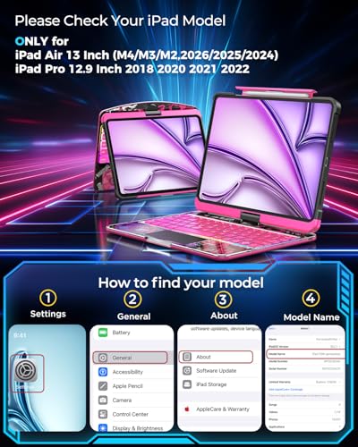 TSQQST Clear Wireless Keyboard Case for iPad Air 13 Inch (M4/M3/M2, 2026/2025/2024)/ iPad Pro 12.9" (6th/5th/4th/3rd Gen), 7-Color Backlit, Pencil Holder & Multi-Touch Trackpad, 360 Rotatable, Pink - color: Clear+Pink, size: Air13/Pro12.9