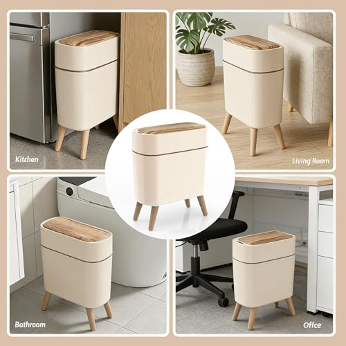 suyika Automatic Trash Can, 2.6 Gallon/10L Bathroom Trash Can with Lid - Wood Grain Lid and Legs, Touchless Waterproof Garbage Bin for Bedroom, Bathroom, Office, Living Room - color: Off-white