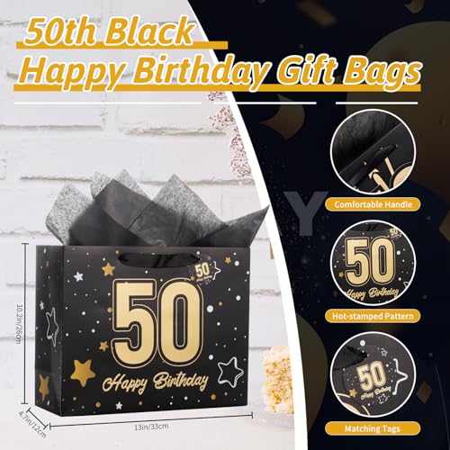 Powbrace 13" Black 50th Birthday Gift Bag with Tissue Paper and Greeting Card for Party,Happy Birthday Gift Bag for Men Women,Gift Bags Medium size(1 Black 50th) - color: 1 PCS Black 50th, size: 1 count (Pack of 1)