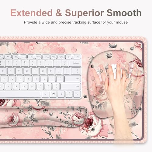 4 in 1 Large Mouse Pad, Keyboard Wrist Rest Set, Ergonomic Mouse Pad with Wrist Support, Desk Mat with Stitched Edges Extended Desk Pad Waterproof Desk Mat for Home Office Game I Pink Rose Flowers - color: Pink Rose Flowers