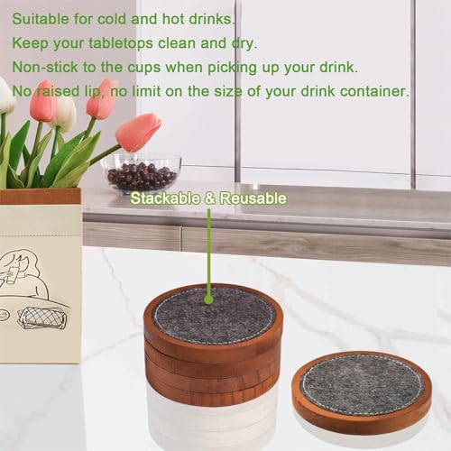 Wood Coaster for Drinks, Set of 5, Absorbent and Insulation Felt Stackable Cup Holders, Coasters for Wooden Table,4.15 inch