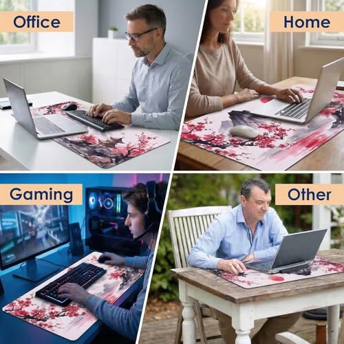 Gaming Mouse Pad, 35.4 x 15.7 Inch Extended Large Desk Mat, Waterproof Keyboard Mousepad with Non-Slip Rubber Base and Stitched Edges, Big Desk Pad for Computer Office Home (Ink Painting)